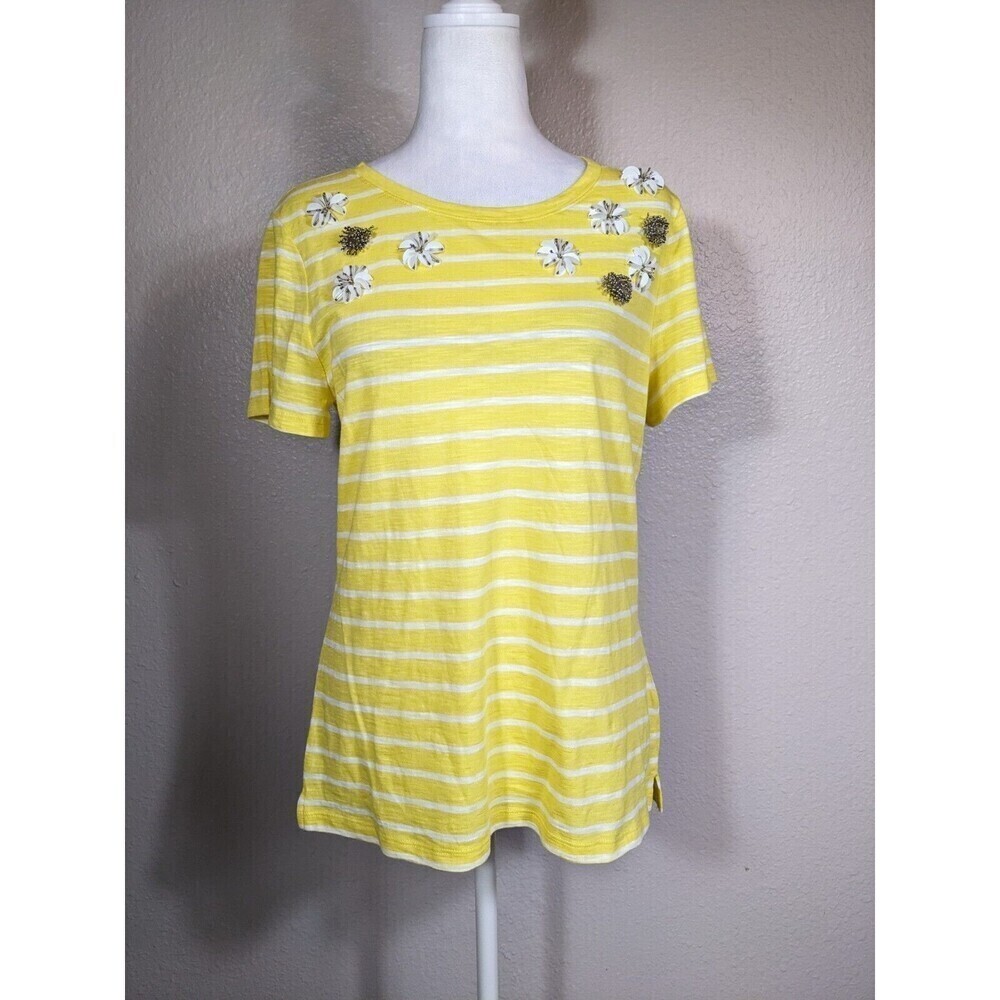 TALBOTS Sz M Shirt Top T-shirt Yellow White Stripes Bead Flowers Short Sleeve 23